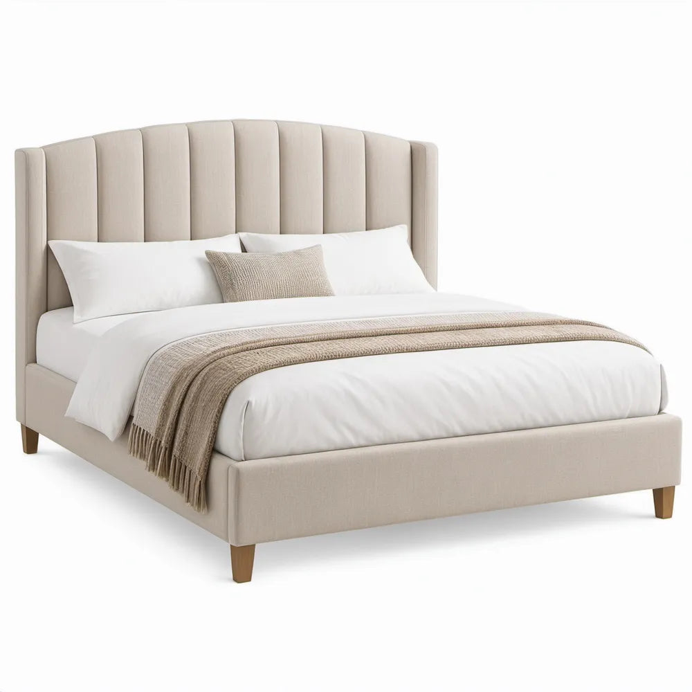 Gestoffeerd tweepersoonsbed 160 x 200 cm beige met gebogen hoofdbord