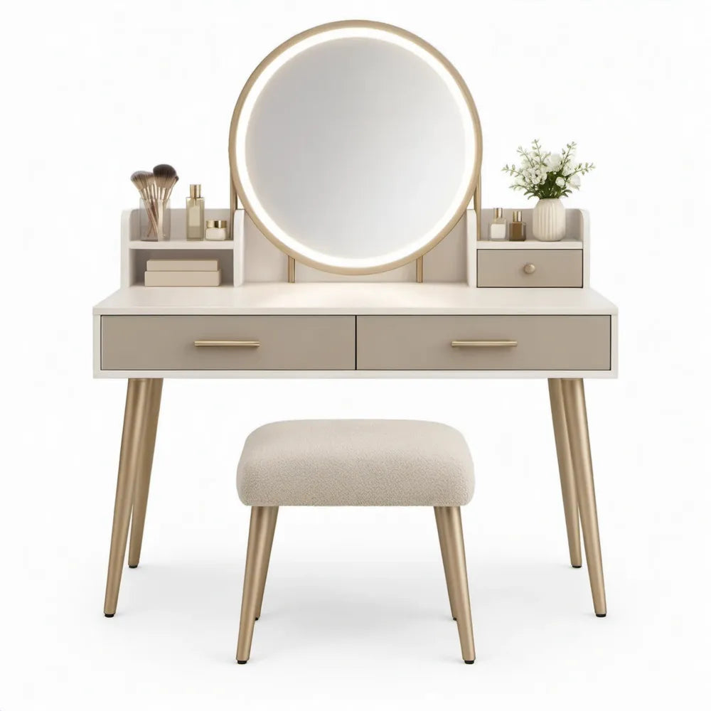 Kaptafel met ronde LED-spiegel en kruk, 100 x 45 x 140 cm, crème/goudkleurig