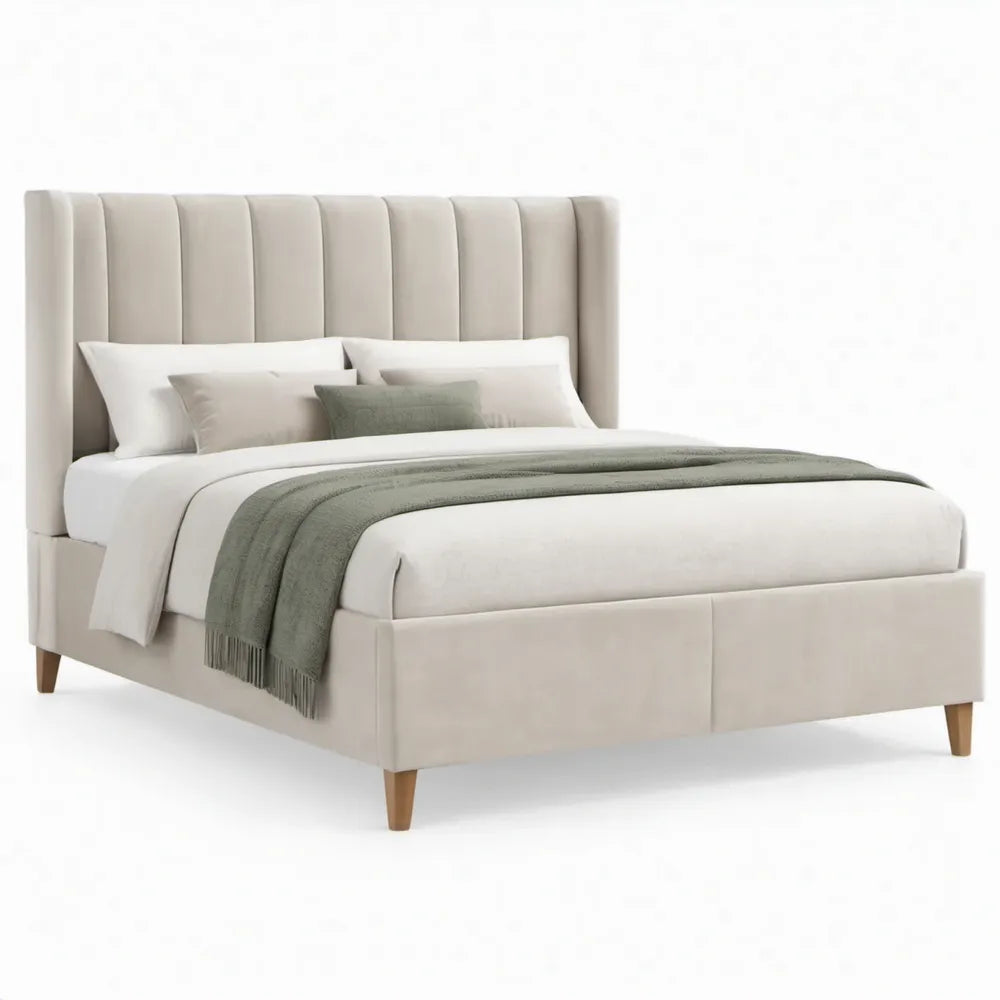 Gestoffeerd tweepersoonsbed 160 x 200 cm Crème met houten poten