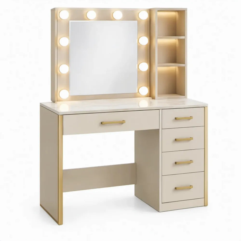 Crèmewitte kaptafel met spiegel, LED-verlichting en 5 laden, 100 x 40 x 140 cm