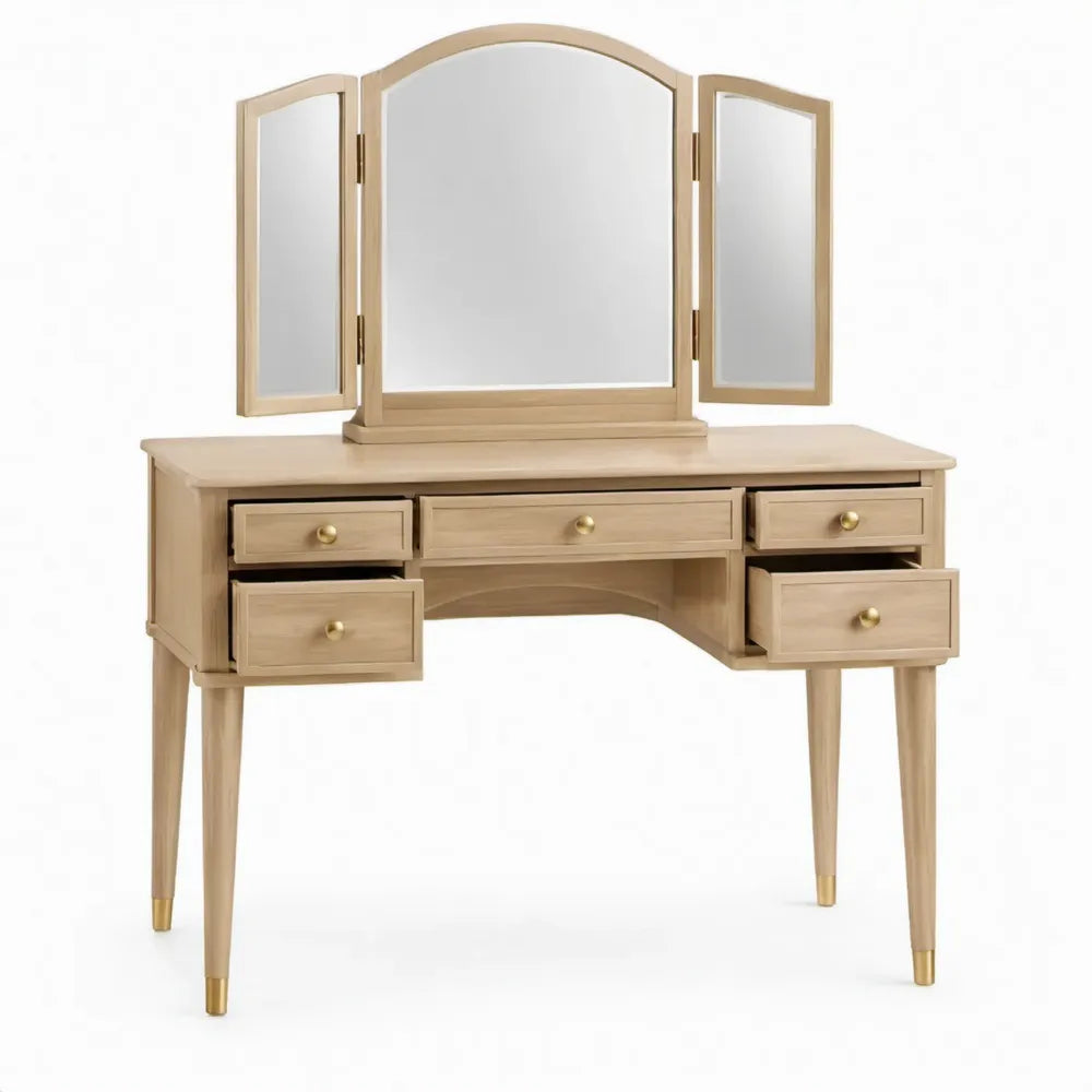 Kaptafel van massief rubberhout met 3-delige spiegel en 5 lades, naturel/beige, 120 x 45 x 150 cm