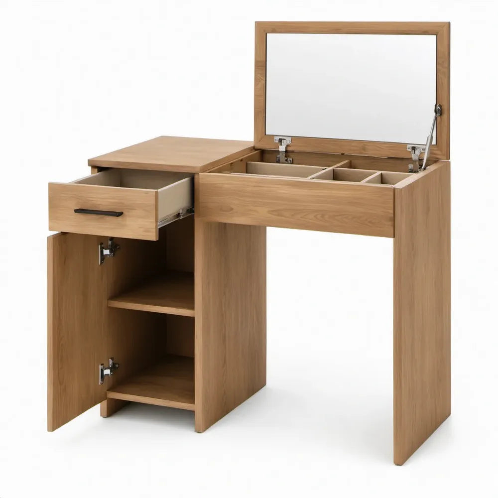 Eikenkleurige kaptafel met opklapbare spiegel, lade en opbergruimte – 80 x 40 x 75 cm