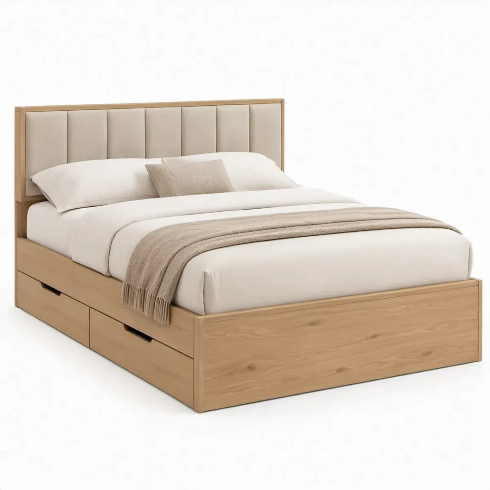 160 x 200 cm naturel houten frame met 2 opbergladen en beige gestoffeerd hoofdbord