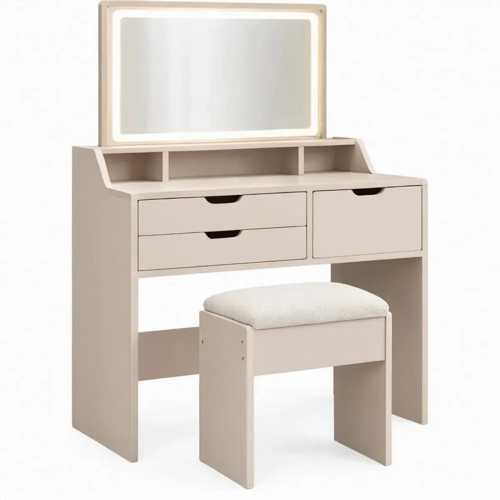 Beige toilettafel met LED-spiegel en gestoffeerde kruk, 80 x 40 x 130 cm