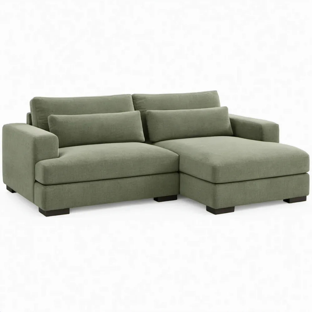 Olijfgroene hoekbank met chaise longue rechts, 230 x 155 x 85 cm