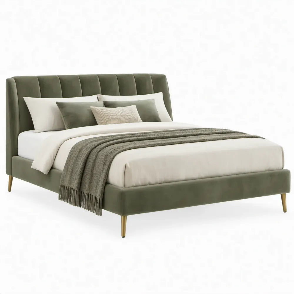 Gestoffeerd tweepersoonsbed 160 x 200 cm van olijfgroen polyesterfluweel met goudkleurige poten