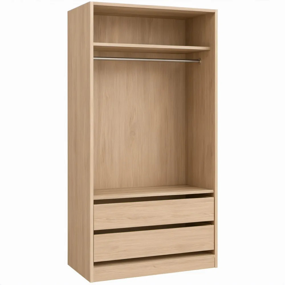 Open kledingkast met kledingroede, legplank en 2 laden - 80 x 55 x 200 cm - Licht eiken