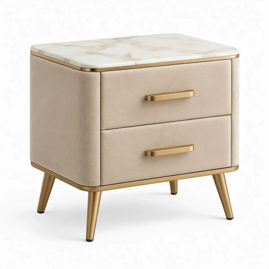 Beige nachtkastje met 2 laden, keramisch marmerlook blad en gouden details, 50 x 40 x 55 cm