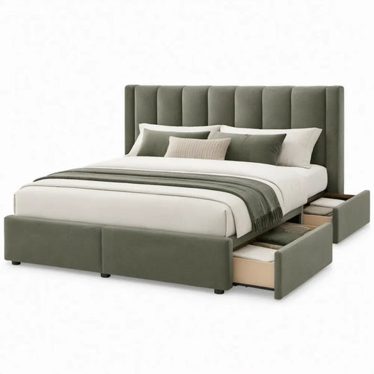 Tweepersoonsbed met 4 lades 160 x 200 cm Olijfgroen Polyester