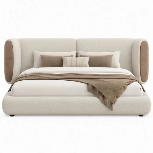 Gestoffeerd tweepersoonsbed 180 x 200 cm in crème en taupe met afgerond hoofdbord