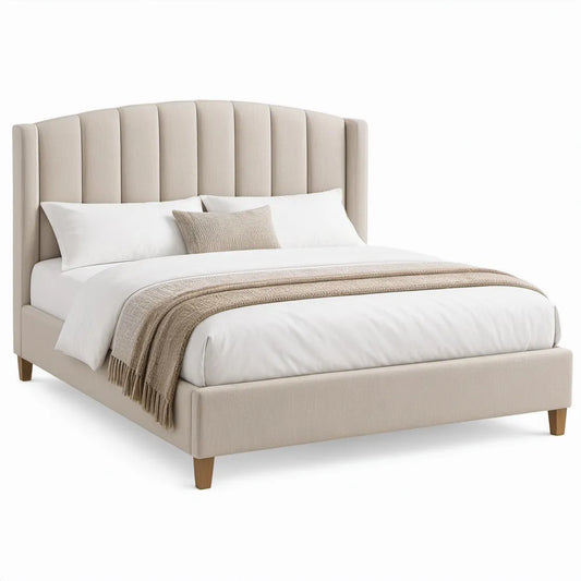 Gestoffeerd tweepersoonsbed 160 x 200 cm beige met gebogen hoofdbord