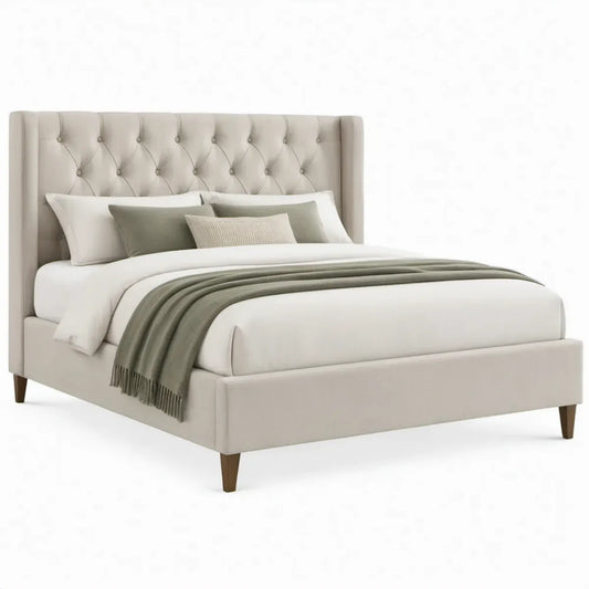 Beige gestoffeerd tweepersoonsbed 160 x 200 cm met gecapitonneerd hoofdbord