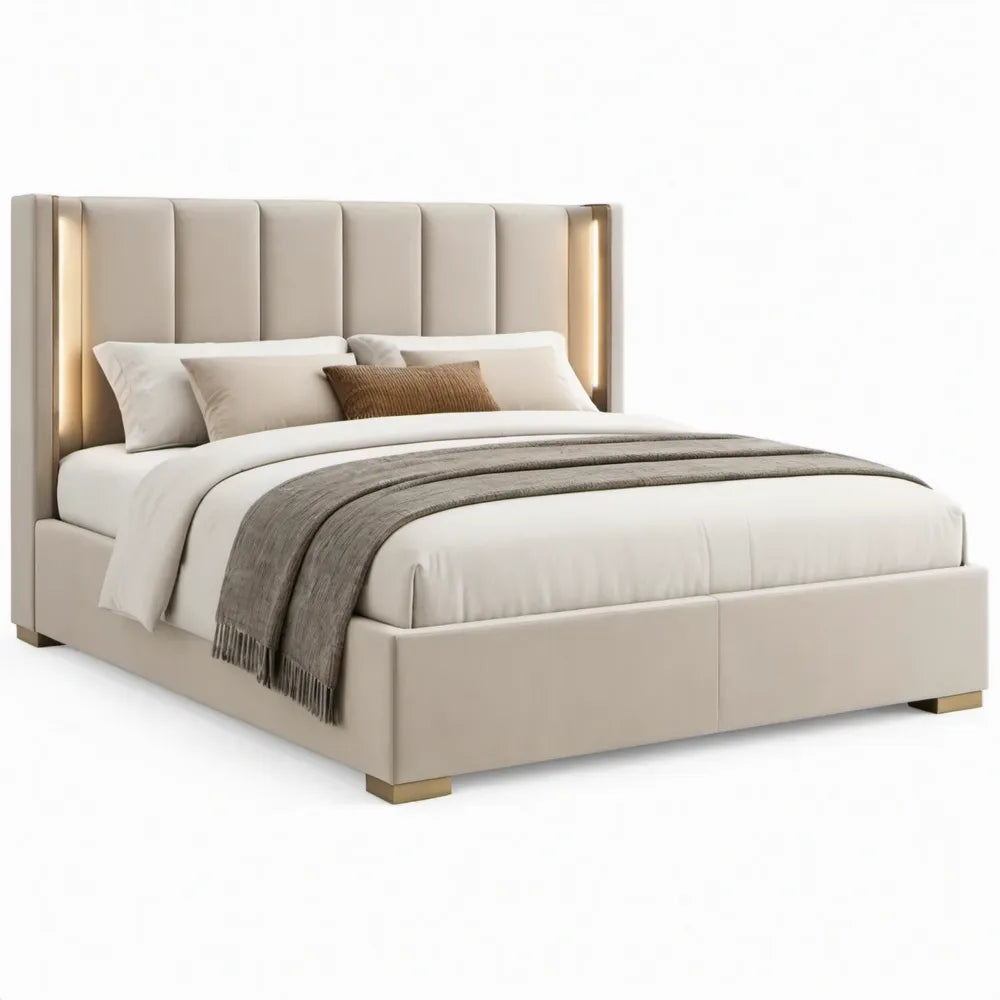 Tweepersoonsbed 180 x 200 cm Beige met LED-hoofdbord en goudkleurige poten