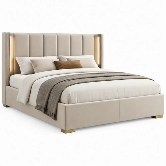 Tweepersoonsbed 180 x 200 cm Beige met LED-hoofdbord en goudkleurige poten