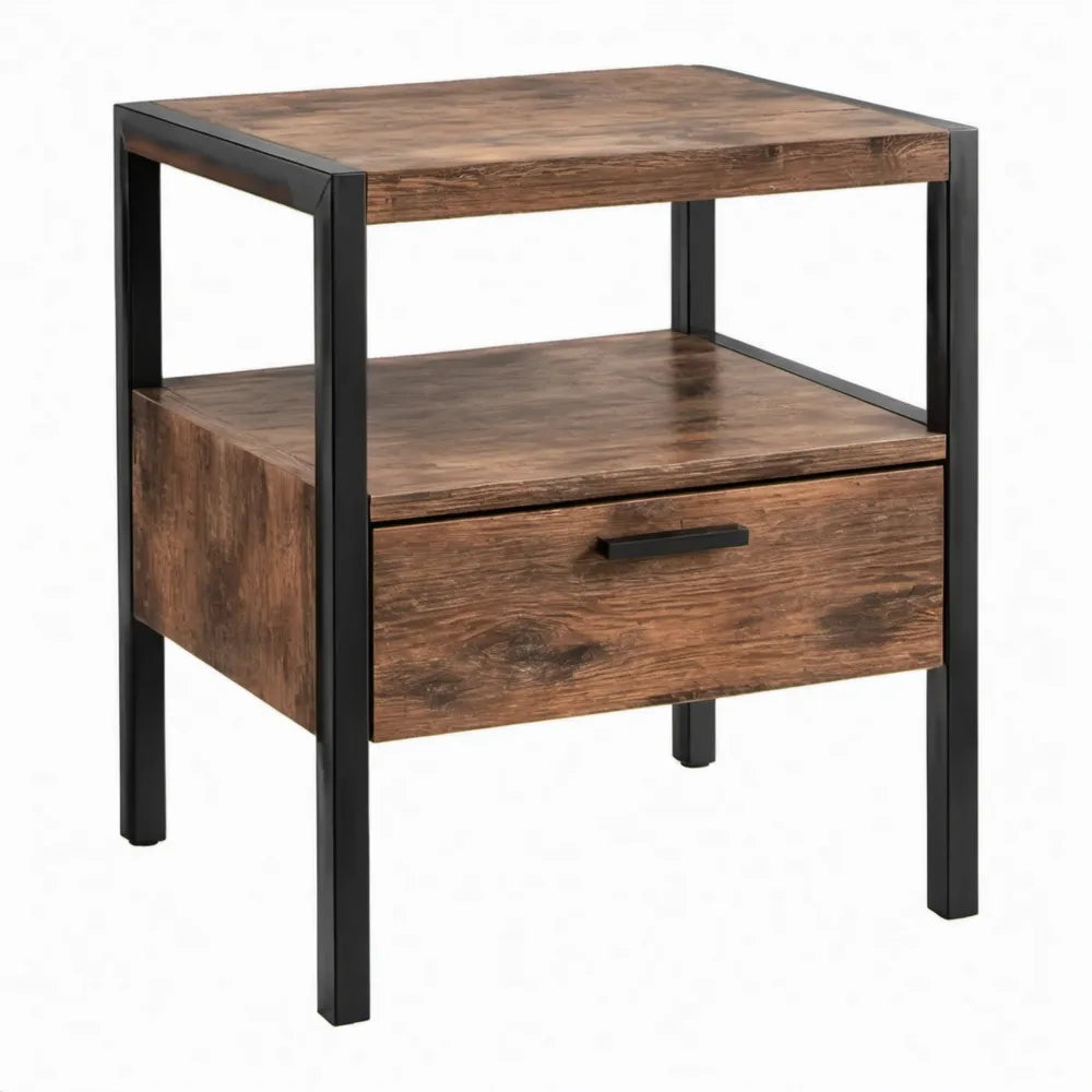 Bijzettafel met lade en open opbergvak 40 x 40 x 60 cm bruin zwart