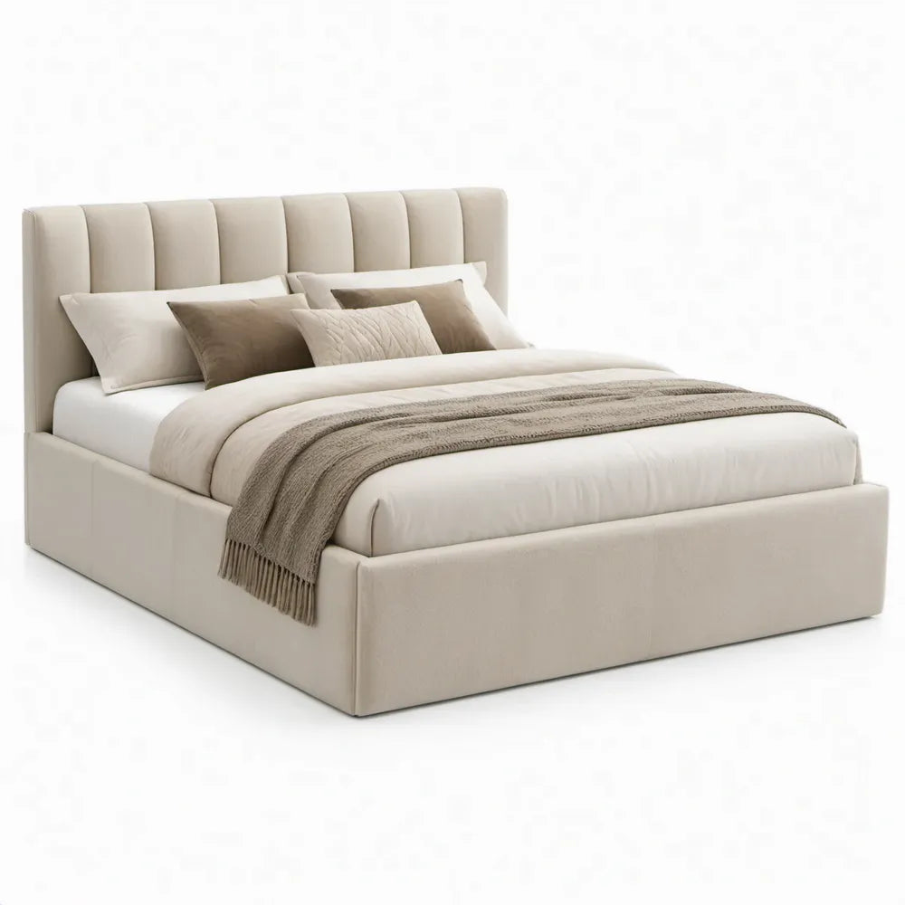 Beige gestoffeerd tweepersoonsbed 160 x 200 cm met hoog hoofdbord