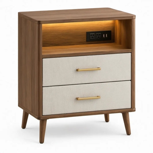 Nachtkastje met 2 laden, USB-poorten, stopcontacten en LED-verlichting – walnootbruin/beige – 50 x 40 x 65 cm