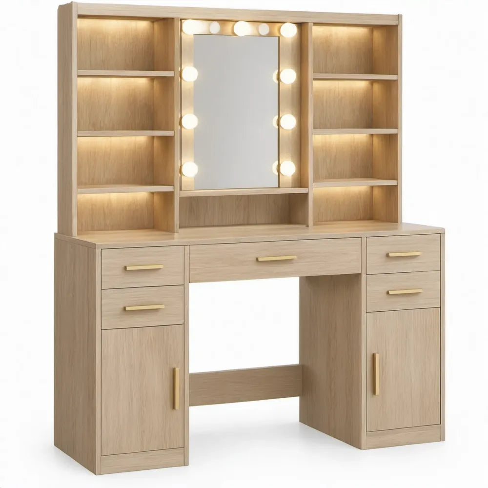 Kaptafel met verlichte spiegel en opbergrekken, 120 x 50 x 180 cm, licht eiken/goudkleurig