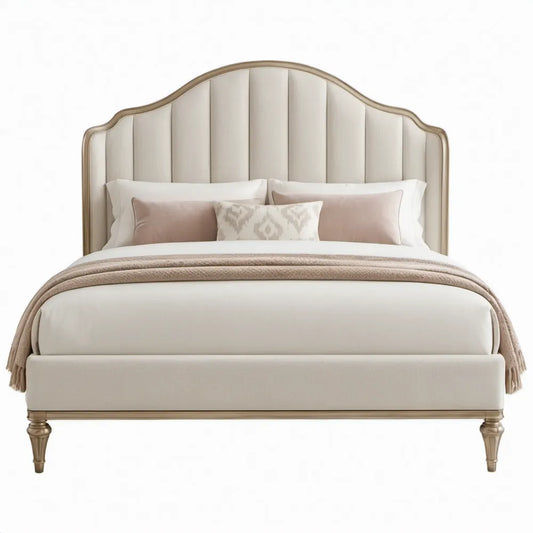 Tweepersoonsbed 160 x 200 cm in crème/champagne met gebogen gecapitonneerd hoofdbord