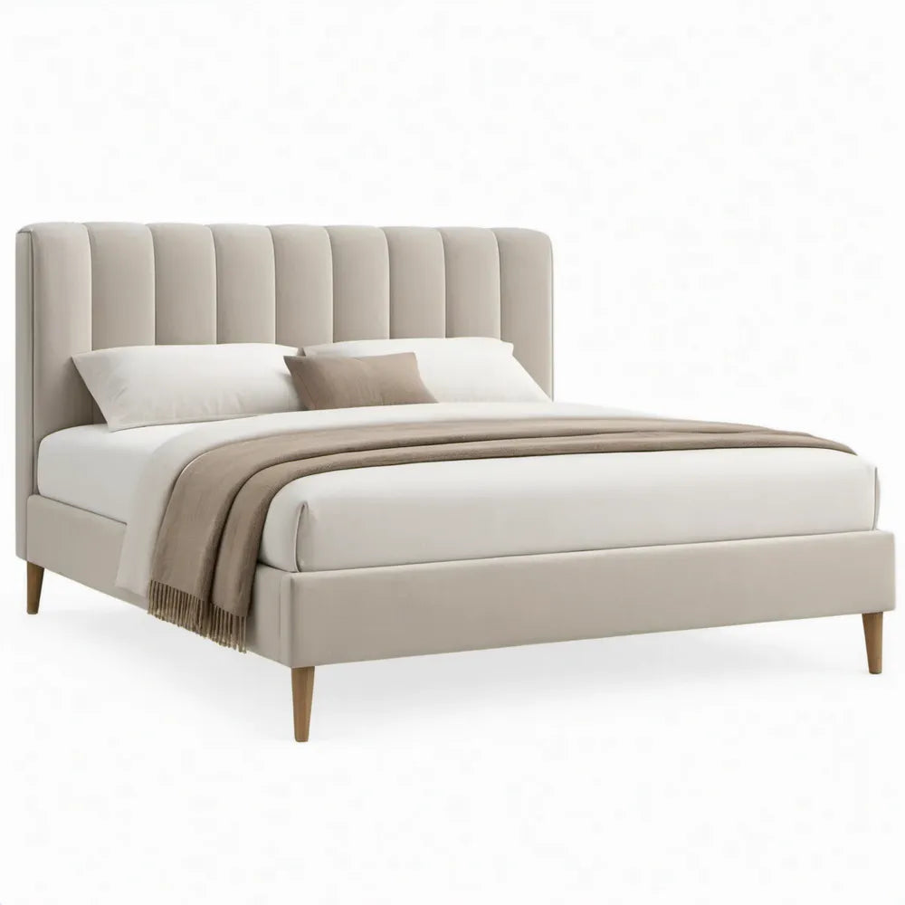 Beige gestoffeerd bedframe met verticaal hoofdbord voor matras 160 x 200 cm, 174 x 215 x 115 cm