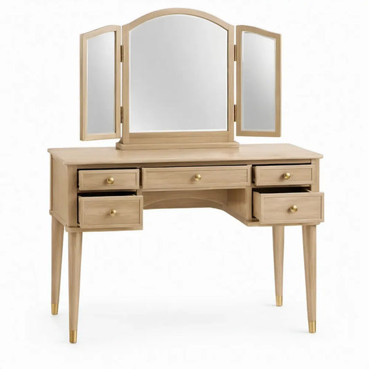 Kaptafel van massief rubberhout met 3-delige spiegel en 5 lades, naturel/beige, 120 x 45 x 150 cm