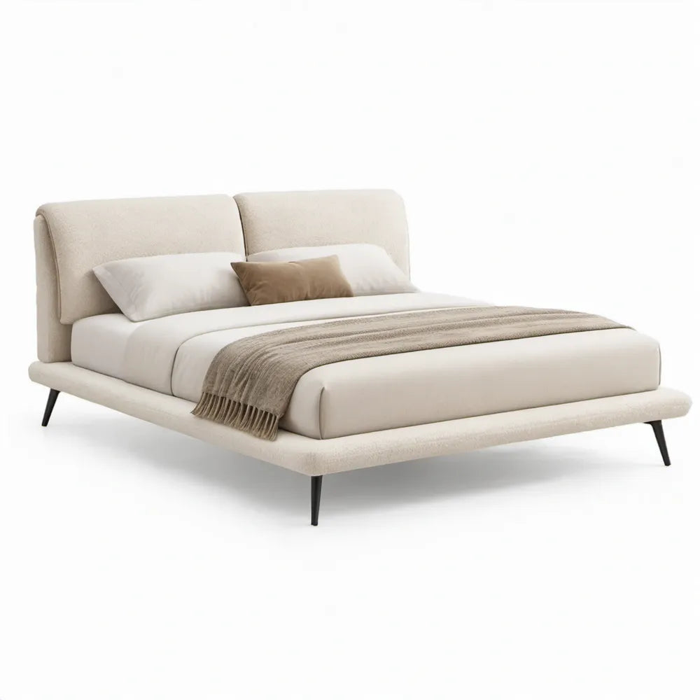 Tweepersoonsbed 180 x 200 cm in crème met gestoffeerd hoofdbord en zwarte stalen poten