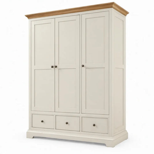 Kledingkast met 3 deuren en 3 lades, gebroken wit en naturel bruin, 150 x 60 x 200 cm