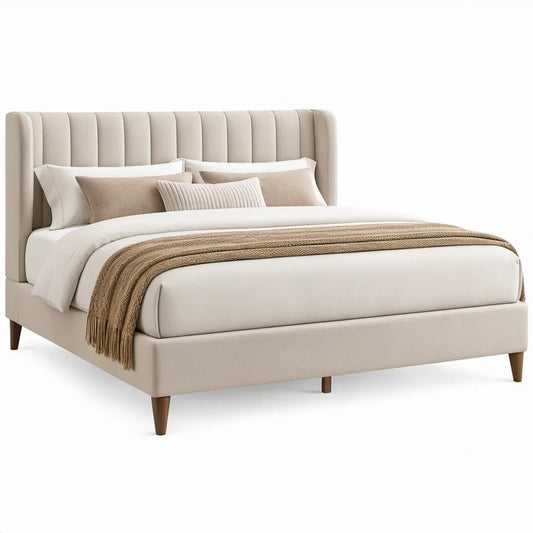 Gestoffeerd tweepersoonsbed 160 x 200 cm crème met bruine houten poten