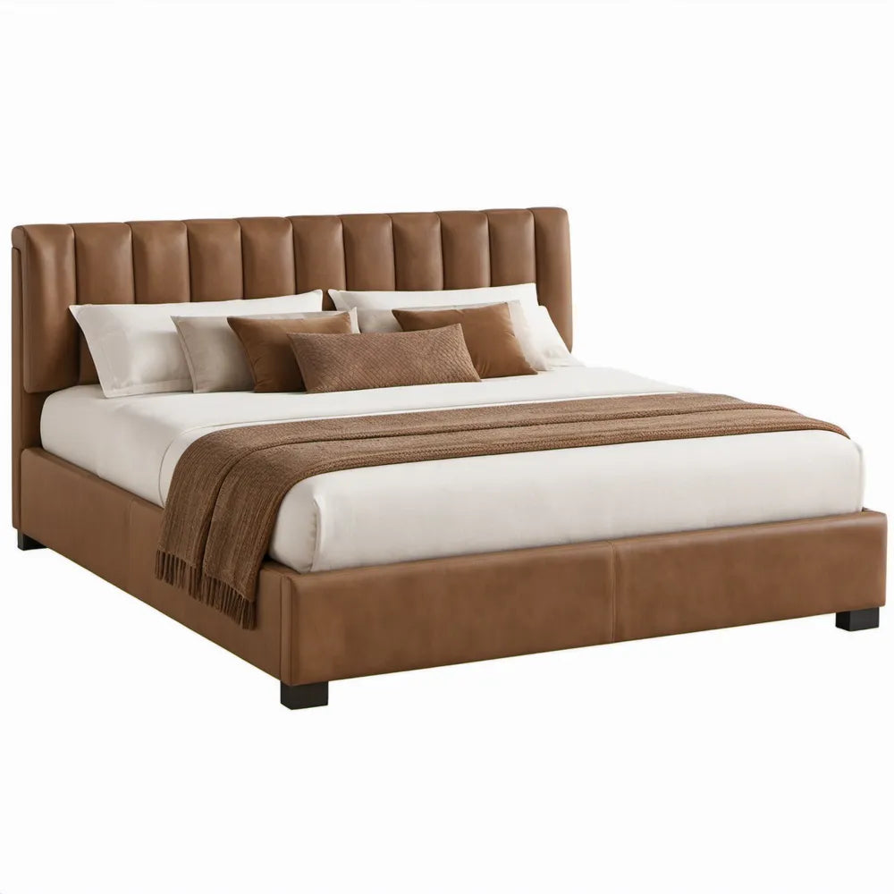 Gestoffeerd bedframe 180 x 200 cm van bruin PU-kunstleer met verticaal gecapitonneerd hoofdbord