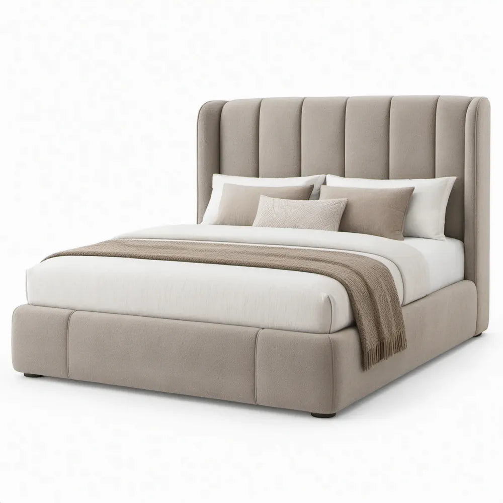 Gestoffeerd tweepersoonsbed 180 x 200 cm in taupe met hoog hoofdbord