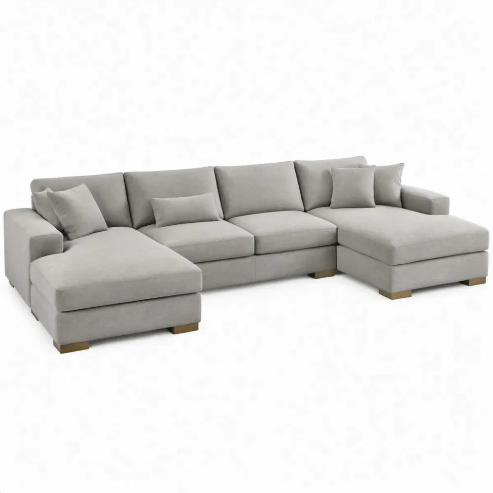 U-vormige hoekbank voor 5 personen, 360 x 170 x 85 cm, lichtgrijs met bruine poten