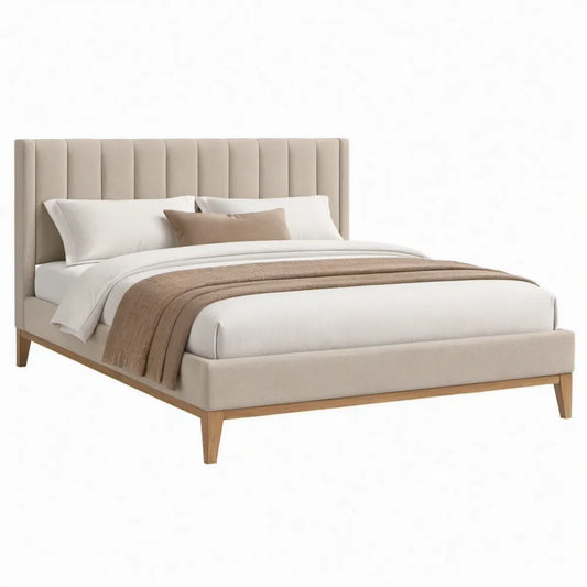 Gestoffeerd tweepersoonsbed 160 x 200 cm Beige met polyester bekleding en houten poten