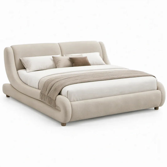 Gestoffeerd tweepersoonsbed 180 x 200 cm met gebogen hoofdbord - Crème