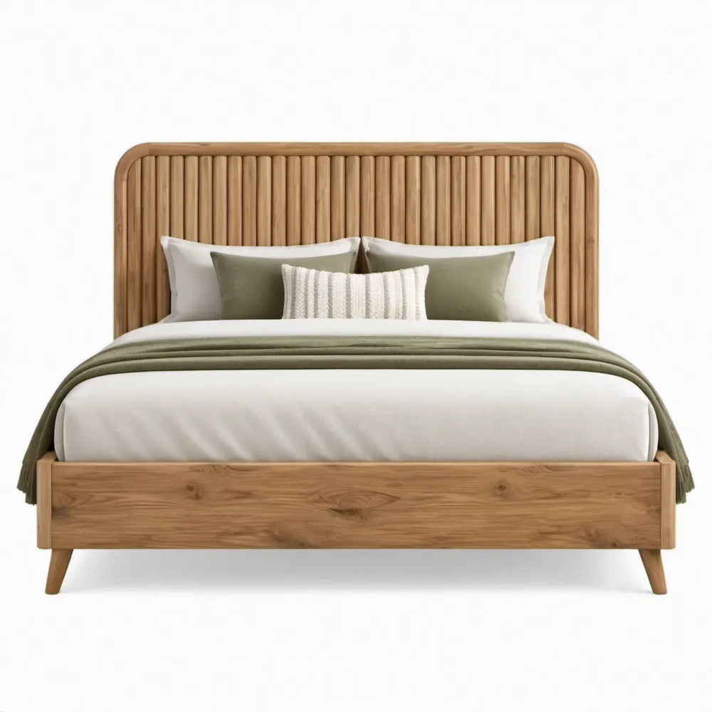 Tweepersoonsbed 160 x 200 cm van massief rubberhout in naturel met spijlenhoofdbord