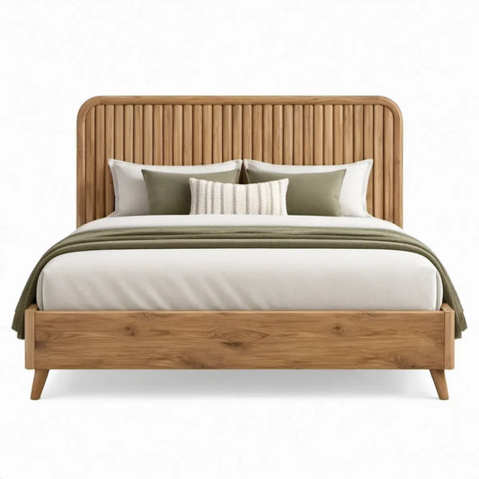 Tweepersoonsbed 160 x 200 cm van massief rubberhout in naturel met spijlenhoofdbord