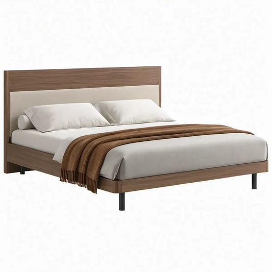 Bed 160 x 200 cm Walnootbruin met Beige Hoofdbord en Zwarte Poten