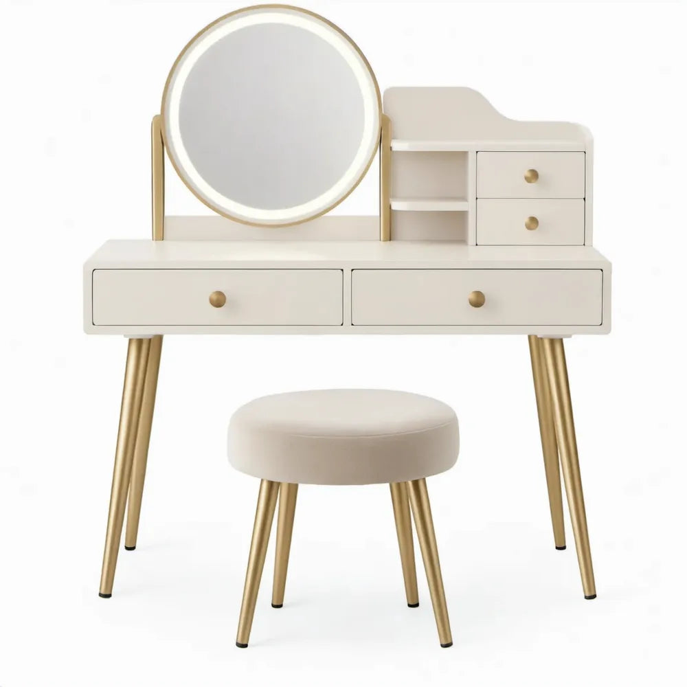 Witte en gouden kaptafelset met LED-spiegel en kruk, 100 x 40 x 140 cm