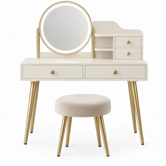 Witte en gouden kaptafelset met LED-spiegel en kruk, 100 x 40 x 140 cm