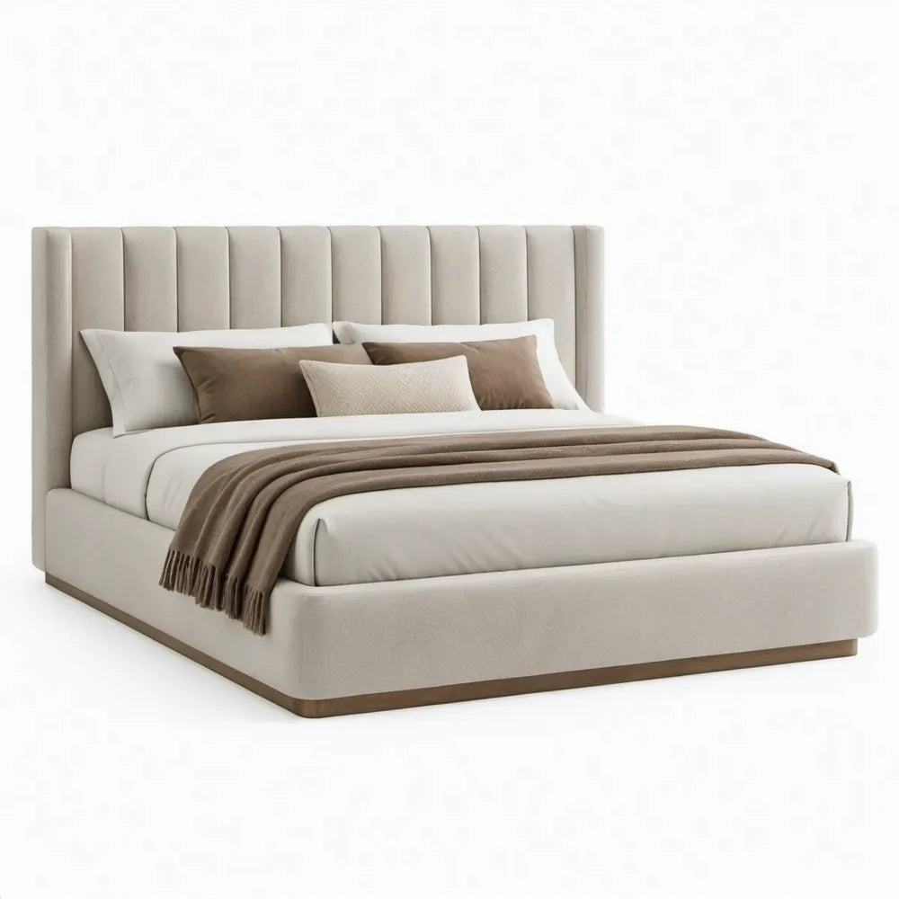 Gestoffeerd tweepersoonsbed 180 x 200 cm Beige met bruin detail