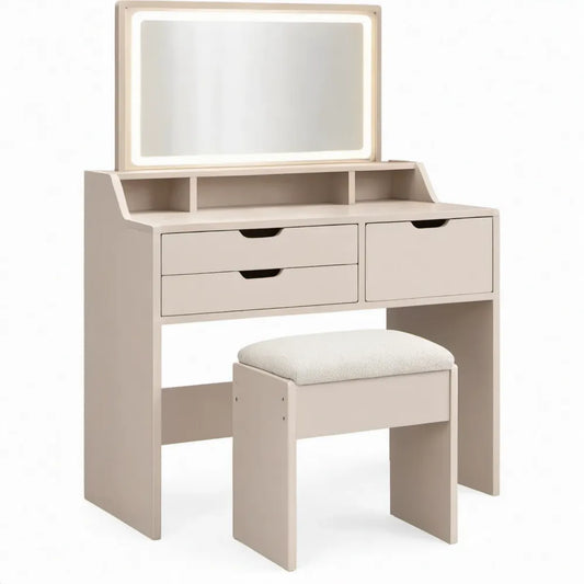 Beige toilettafel met LED-spiegel en gestoffeerde kruk, 80 x 40 x 130 cm